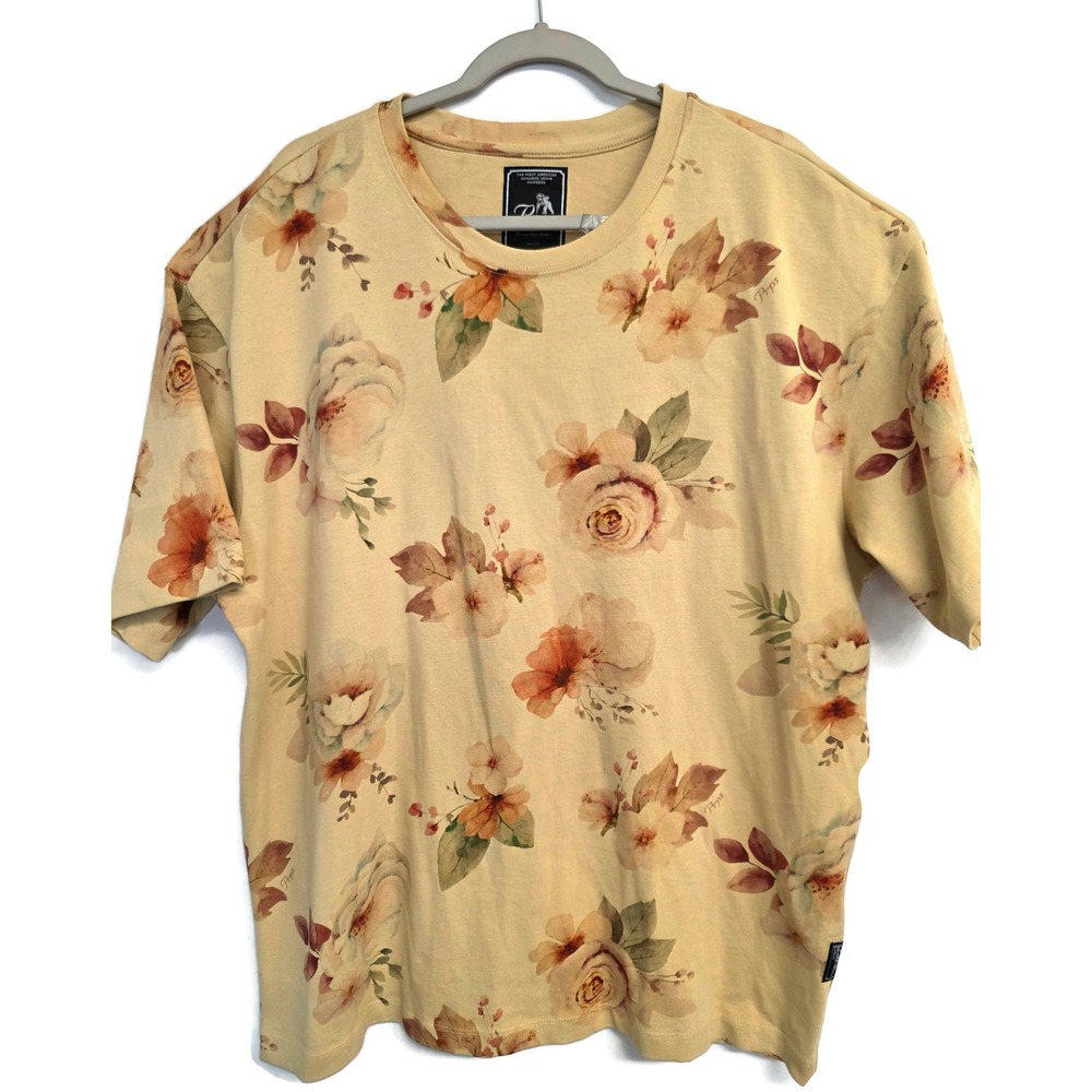PRPS Floral Print T-Shirt Mens Large Khaki Cream Roses Short Sleeve MSRP $108